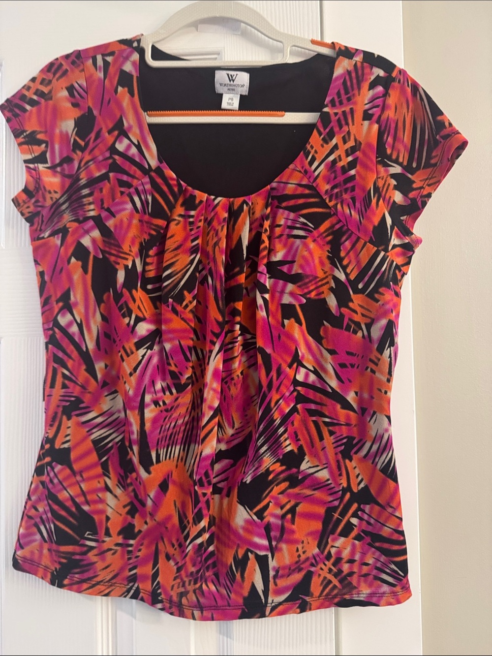 Worthington Pink Orange & Black Abstract Scoop Neck Top